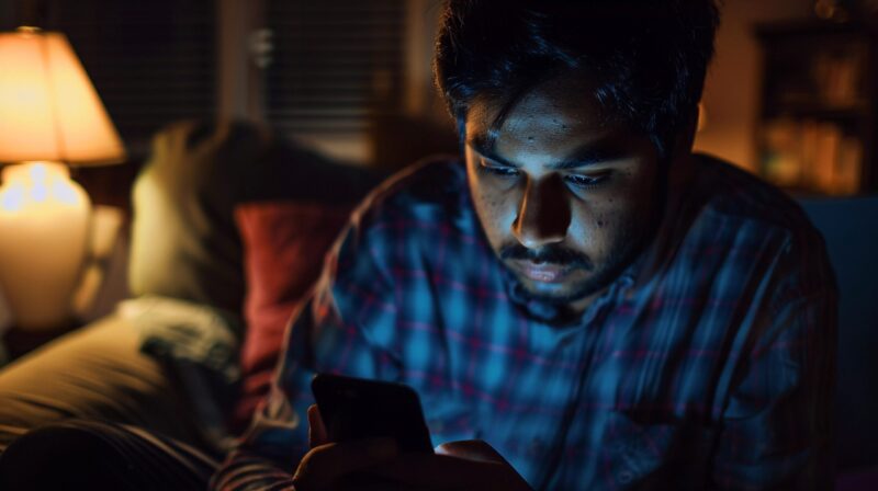 Indian man with face illuminated by smartphone at night